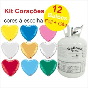 Kit Gás Hélio com 12 Balões Coração Foil