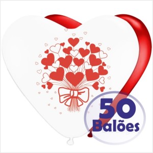 50 Balões Coração Ramo Corações