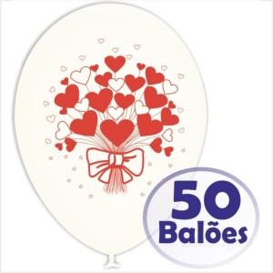 50 Balões Brancos Redondos Feliz dia dos Namorados (Desenho 2 faces)